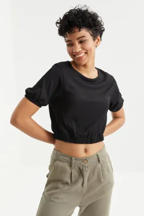 balon kol o yaka beli lastikli bürümcük kuma kadin crop top t-shirt - 97221